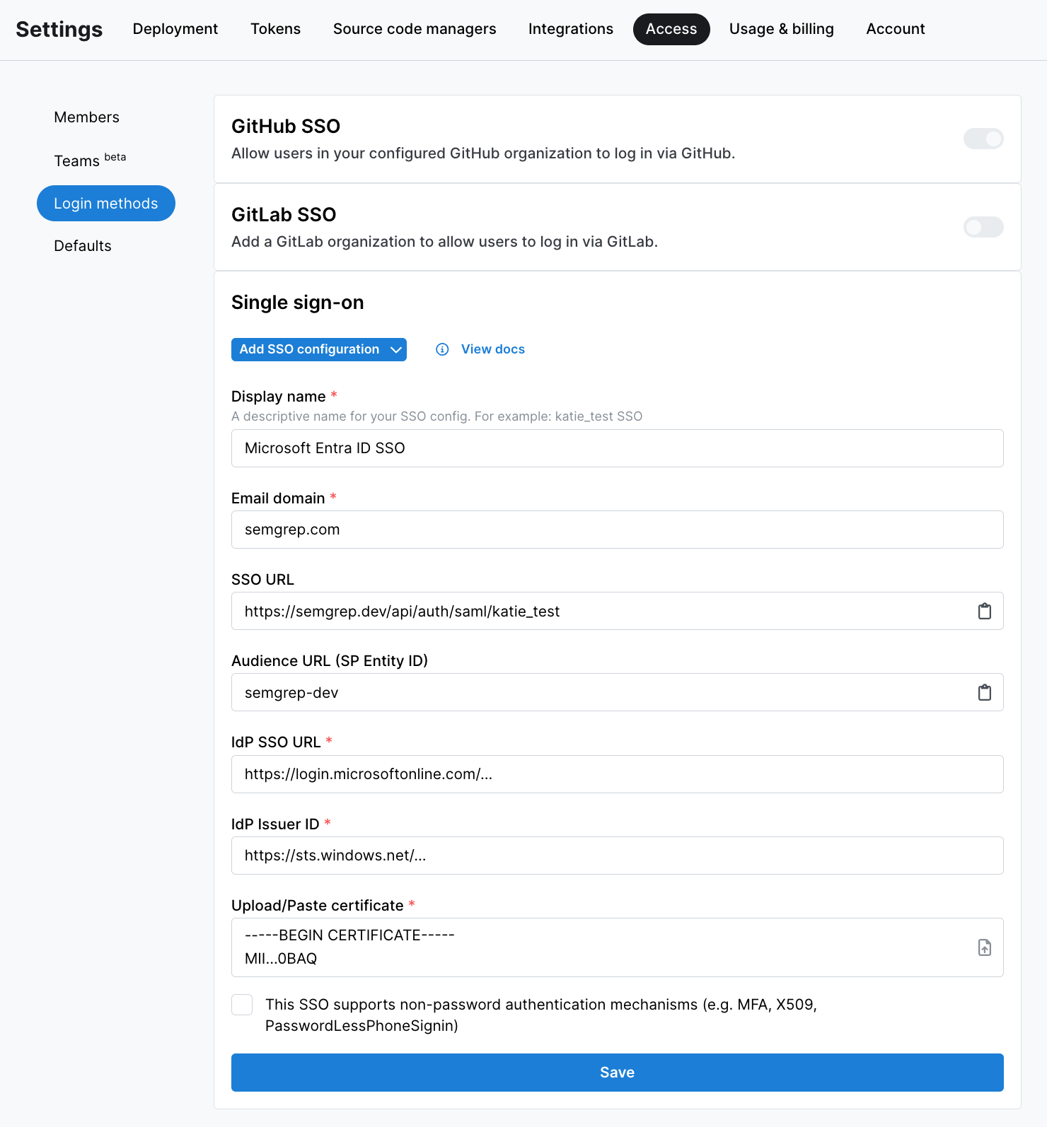 Semgrep AppSec Platform's SAML2 configuration screen